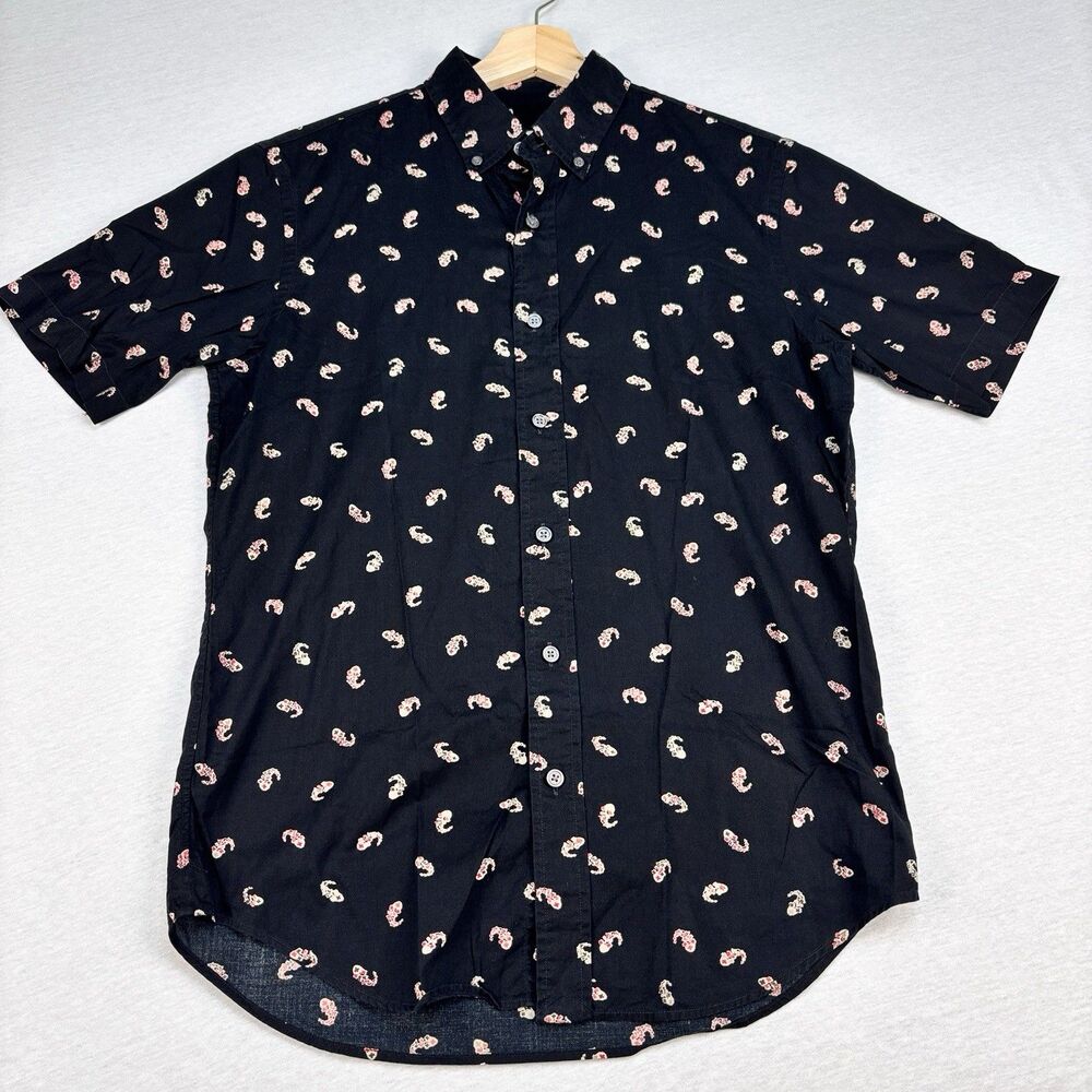 Club Monaco Shirt XS Black Paisley Slim Fit Short Sleeve Button
